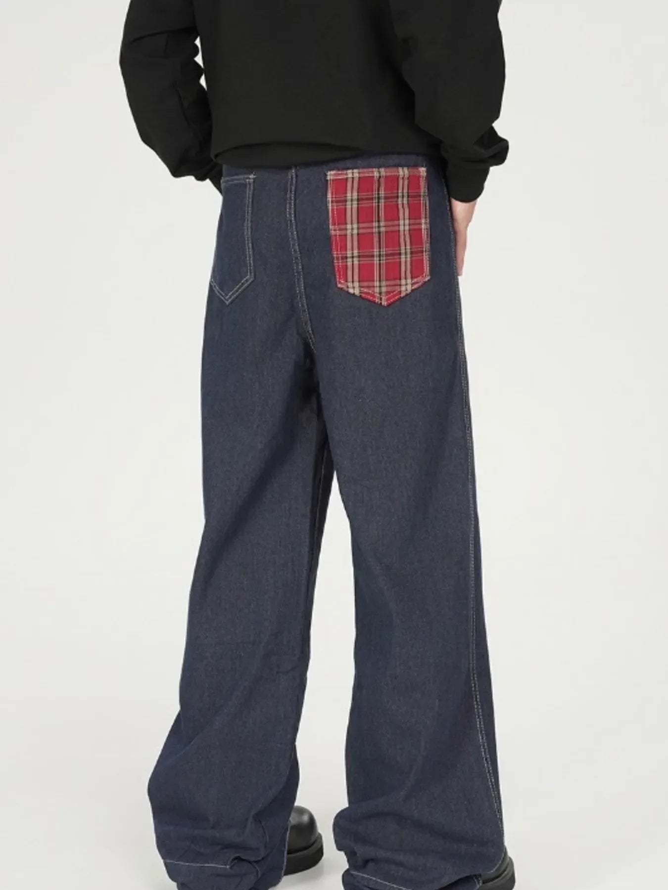 Men's Plaid Pocket Wide Leg Jeans