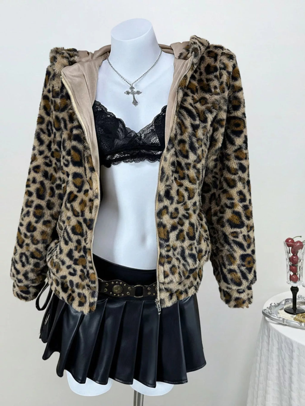Leopard Plush Zip-Up Hooded Outerwear
