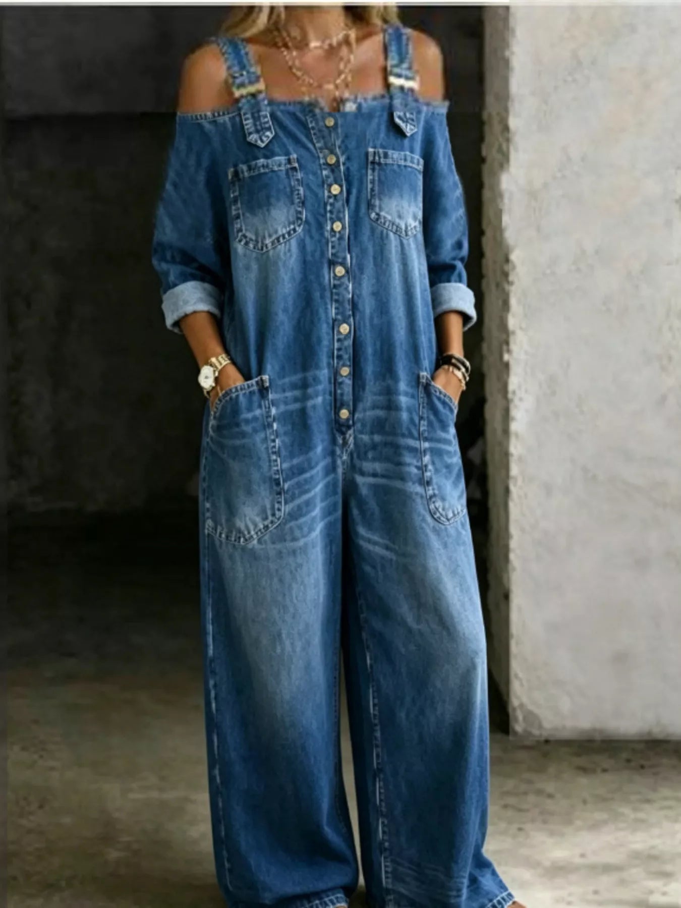 Full Size Button Front Wide-Leg Jumpsuit Plus Size