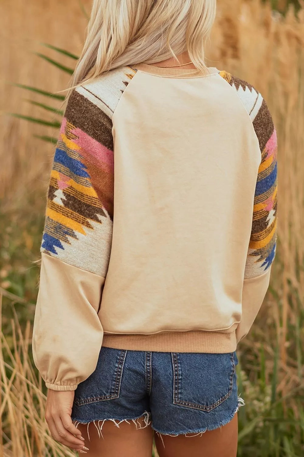 Sequined Rodeo Graphic Aztec Bubble Sleeve Patchwork Western Sweatshirt
