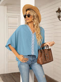 Printed Trim V-Neck Batwing Sleeve Blouse