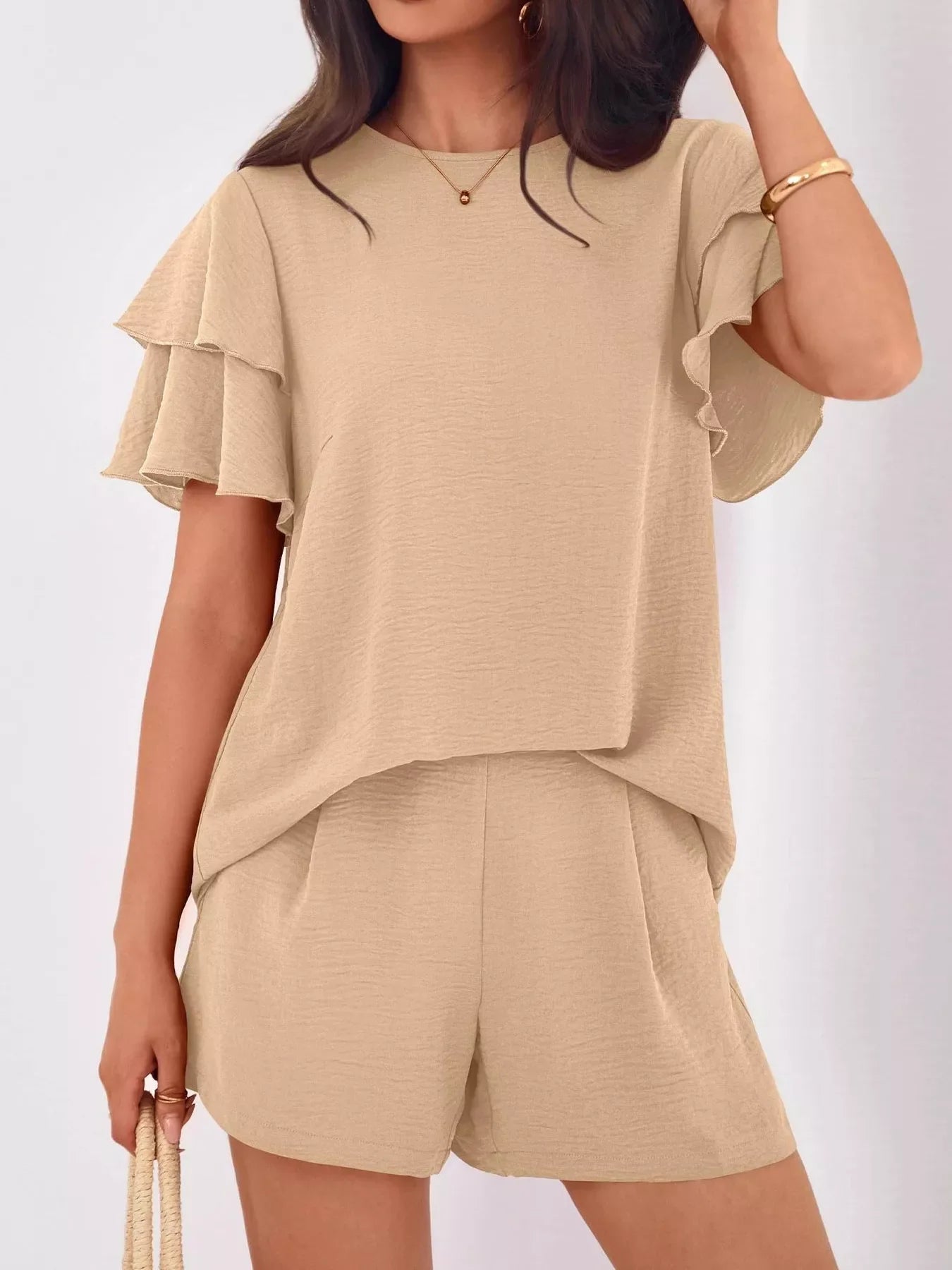 Ruffle Sleeve Top and Shorts Two-Piece Set