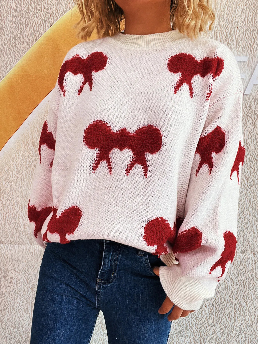 Bow Pattern Round Neck Sweater
