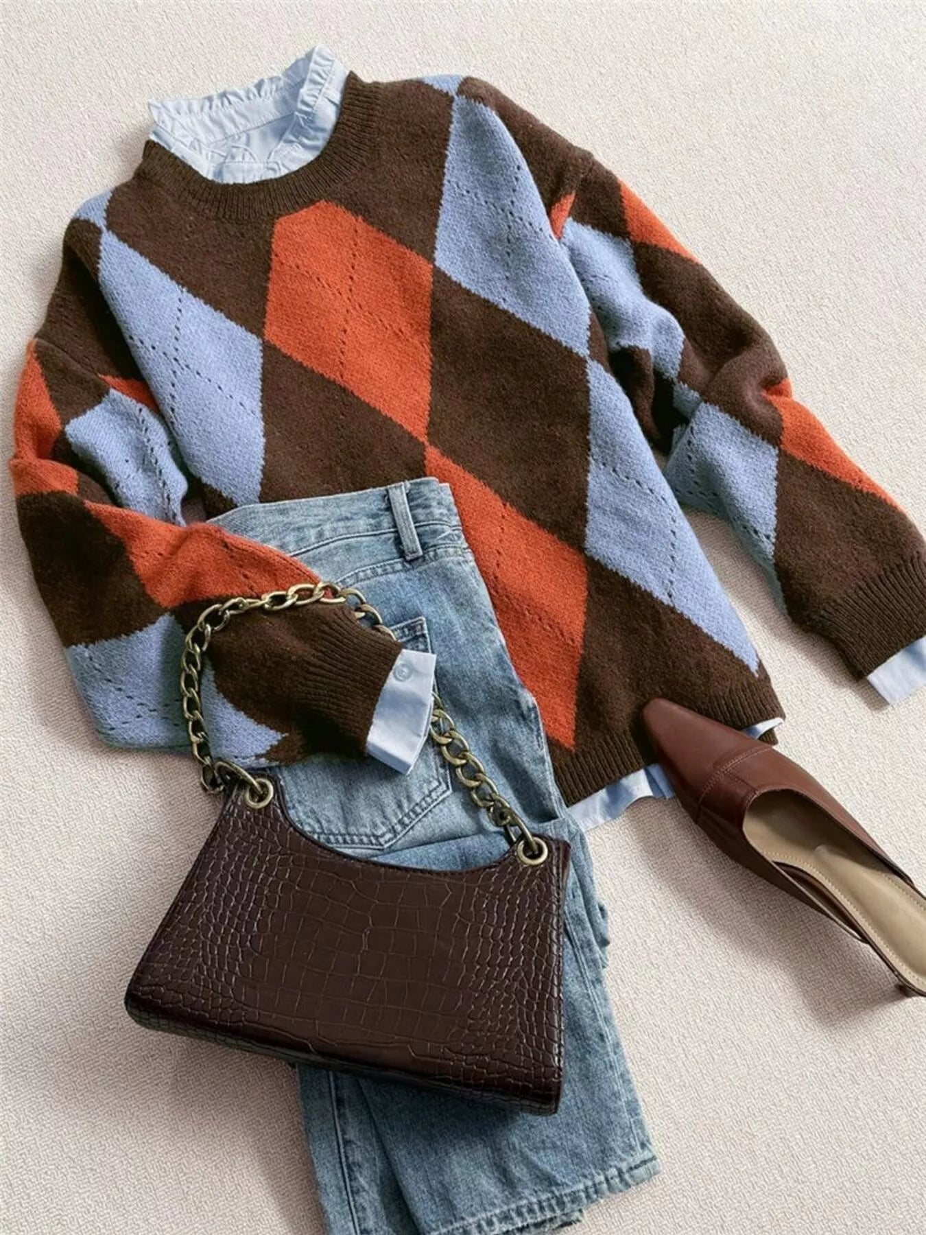 Vintage Argyle Round Neck Sweater