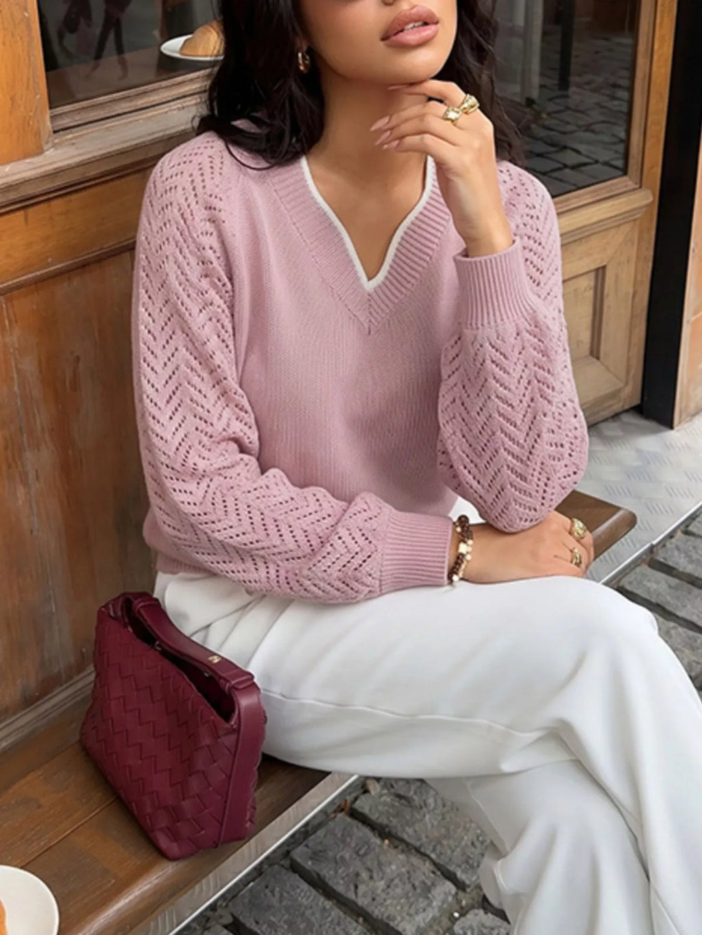 V-Neck Openwork Long Sleeve Sweater