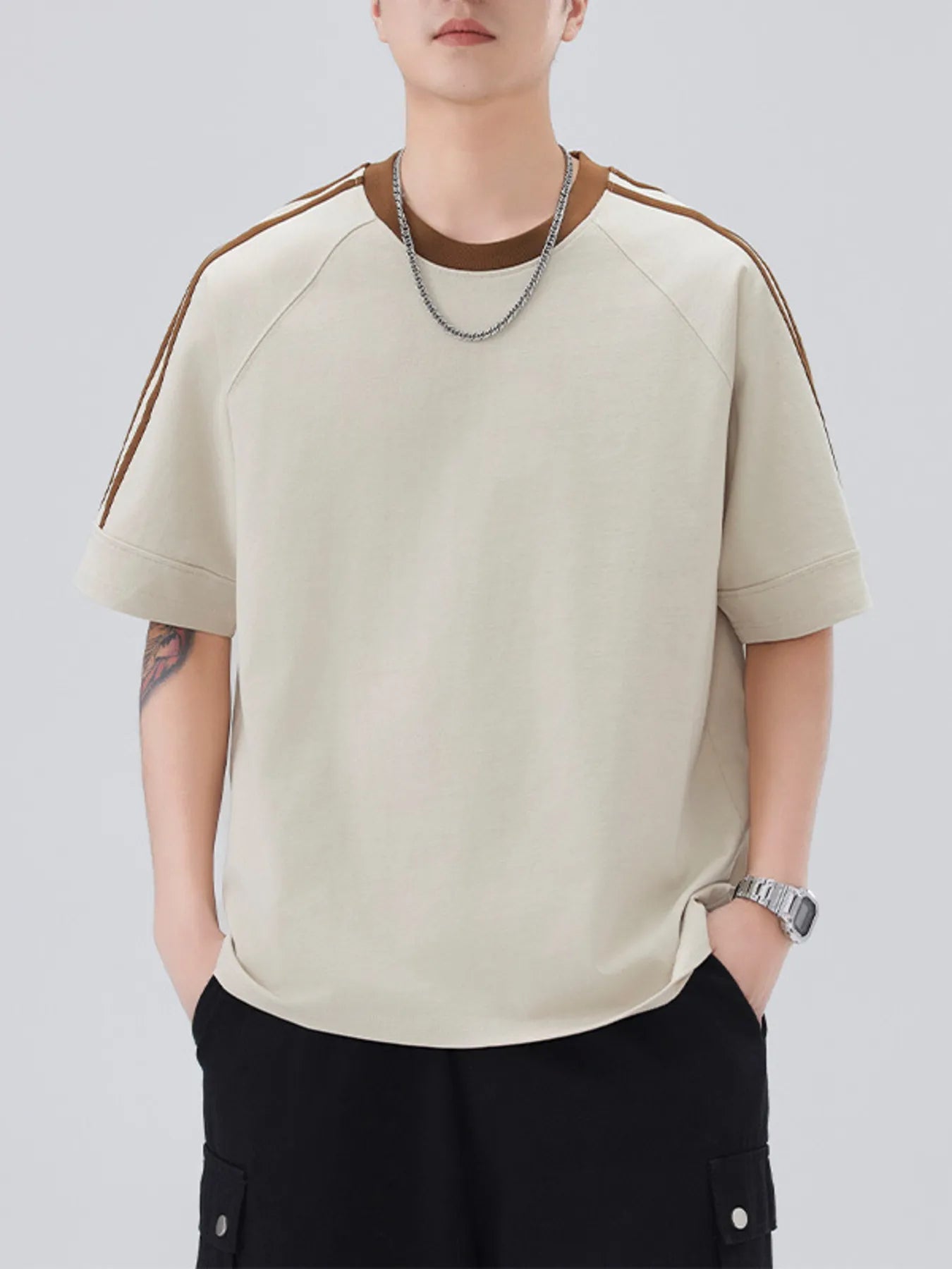 Men's Plus Size Striped Trim Casual T-Shirt