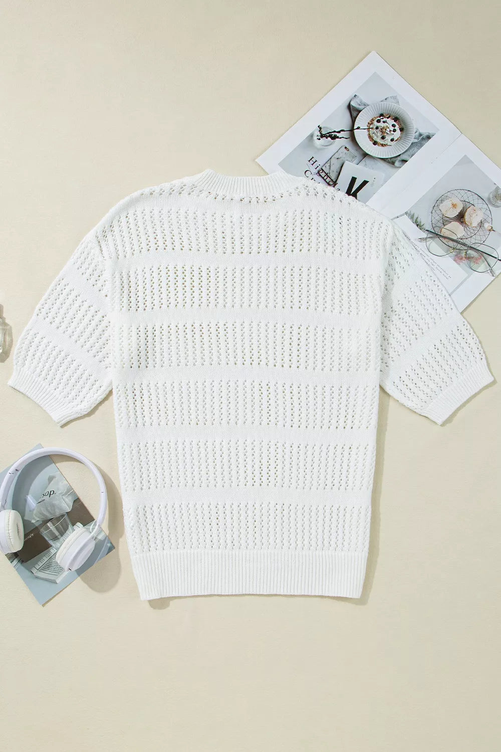 3/4 Sleeve Open Knit Mesh Detail Pullover Sweater