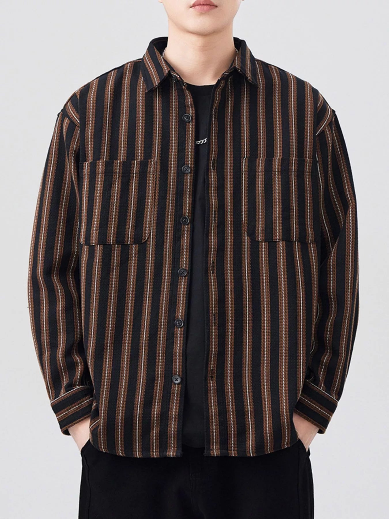 Men's Plus Size Striped Button Up Long Sleeve Shirt