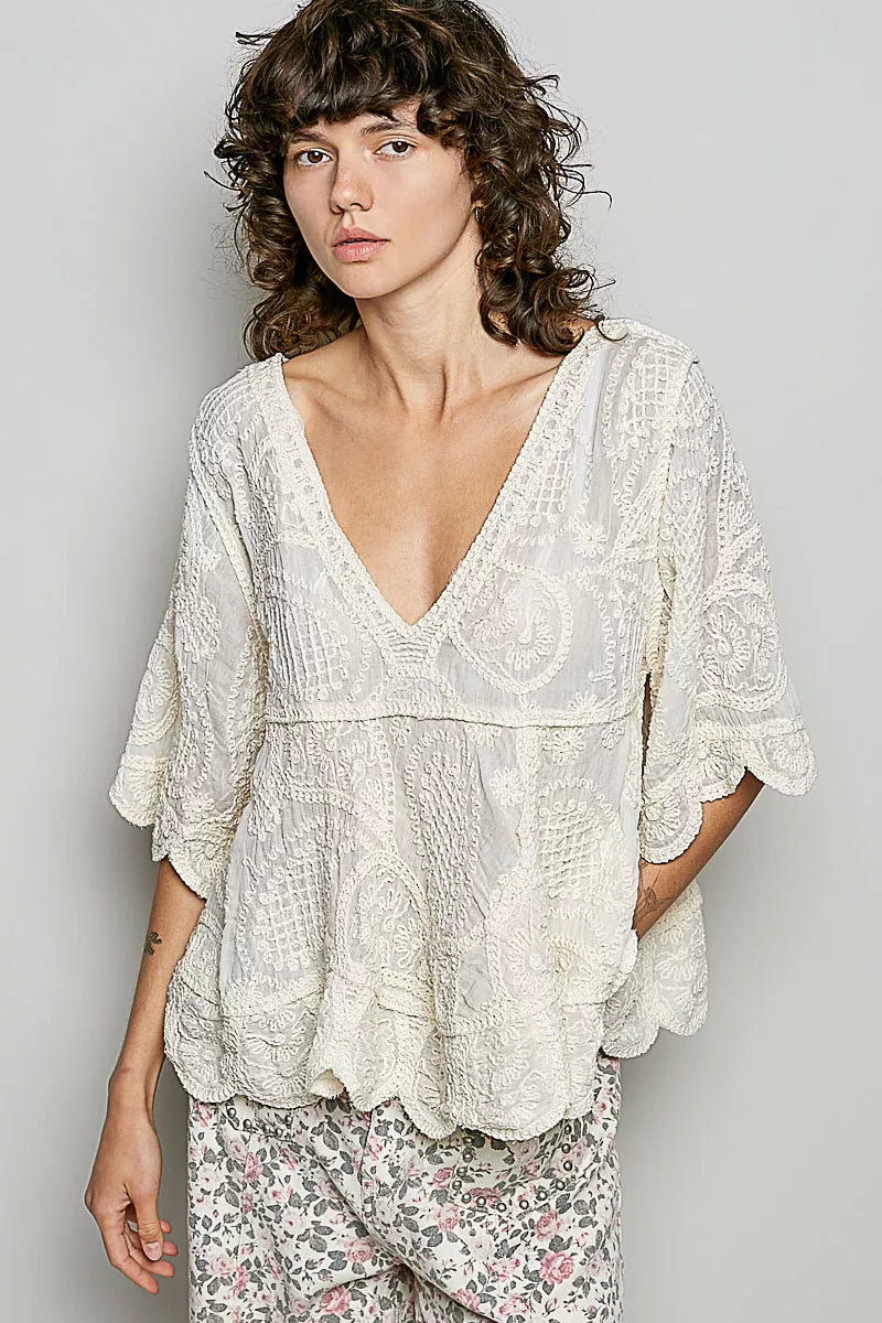POL V-Neck Crochet Blouse with Scalloped Hem
