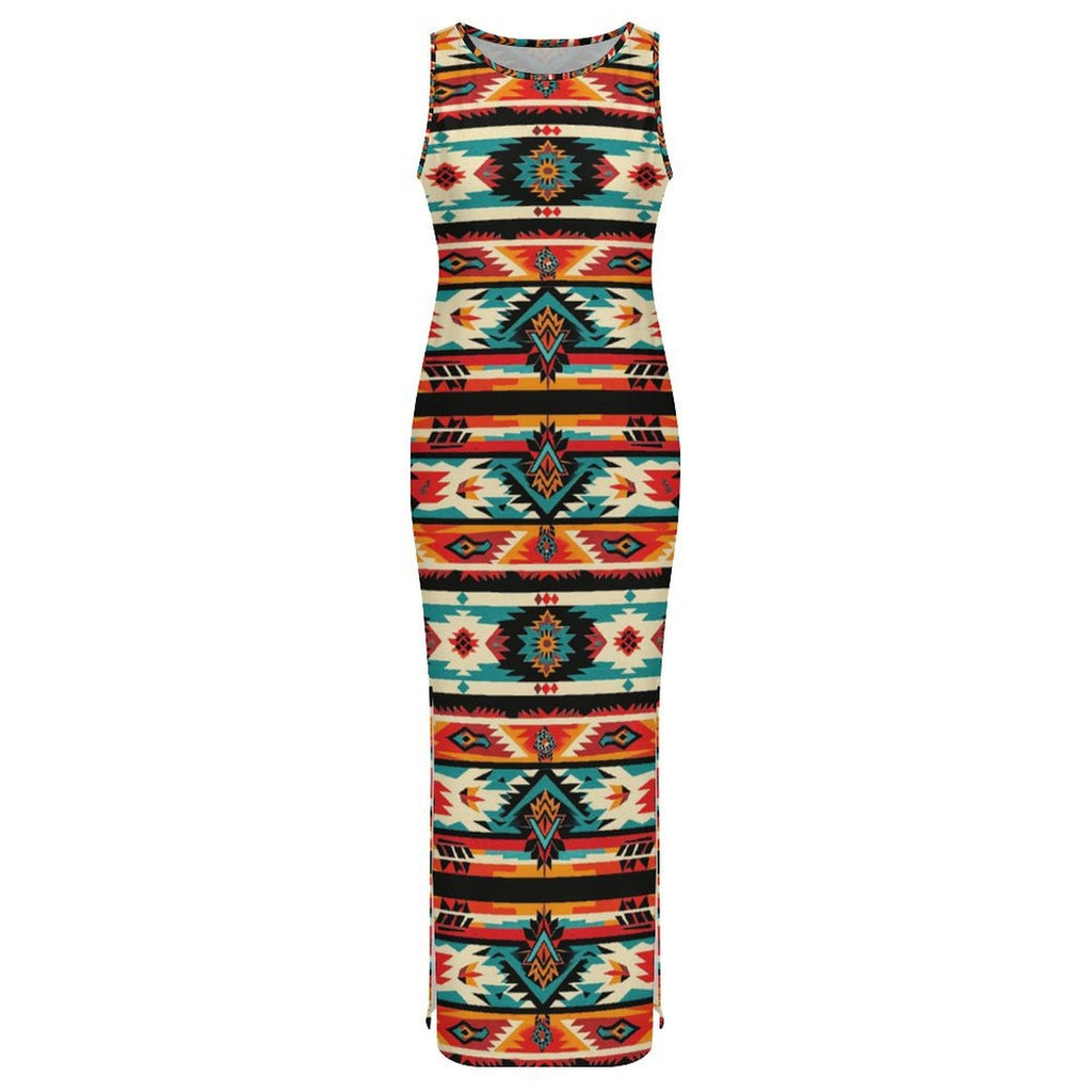 Baha Ranch Santa Fe Sleeveless Bodycon Side Slit Western Maxi Long Dress
