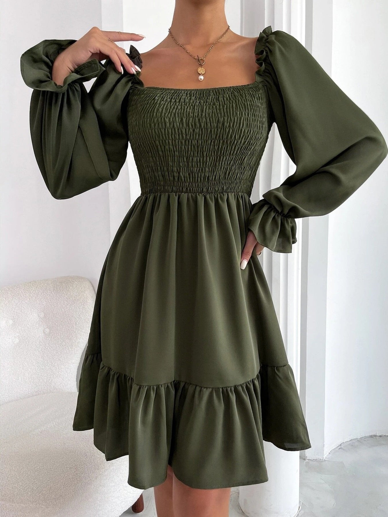 Smocked Flounce Sleeve Mini Dress