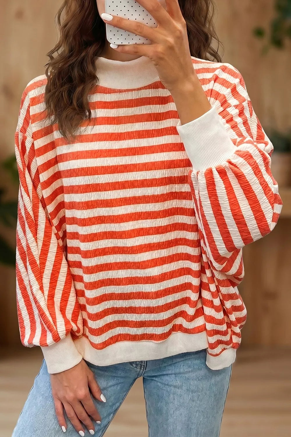 Striped Textured Stand Neck Oversized Long Sleeve Top