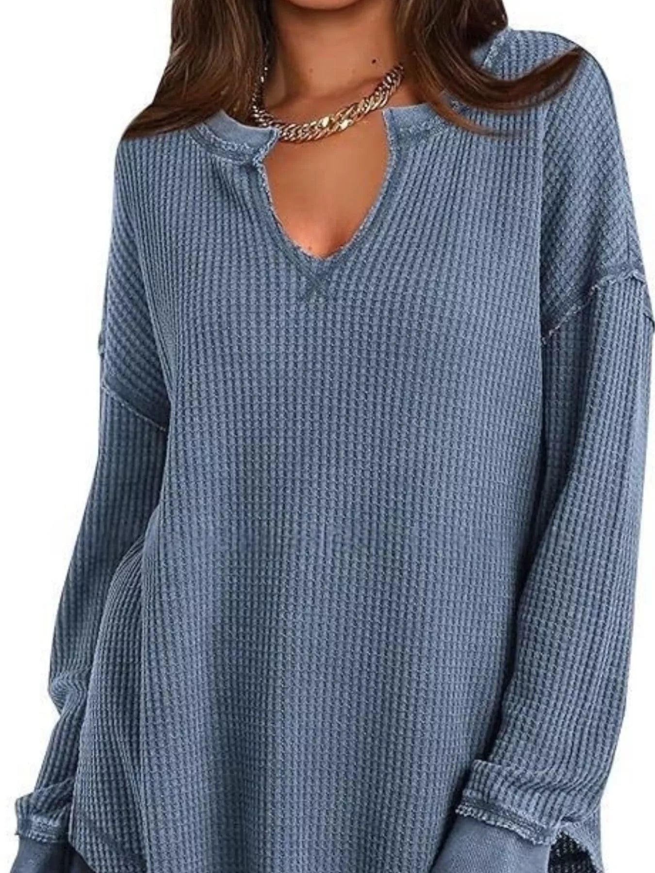 Slit Notched Long Sleeve T-Shirt