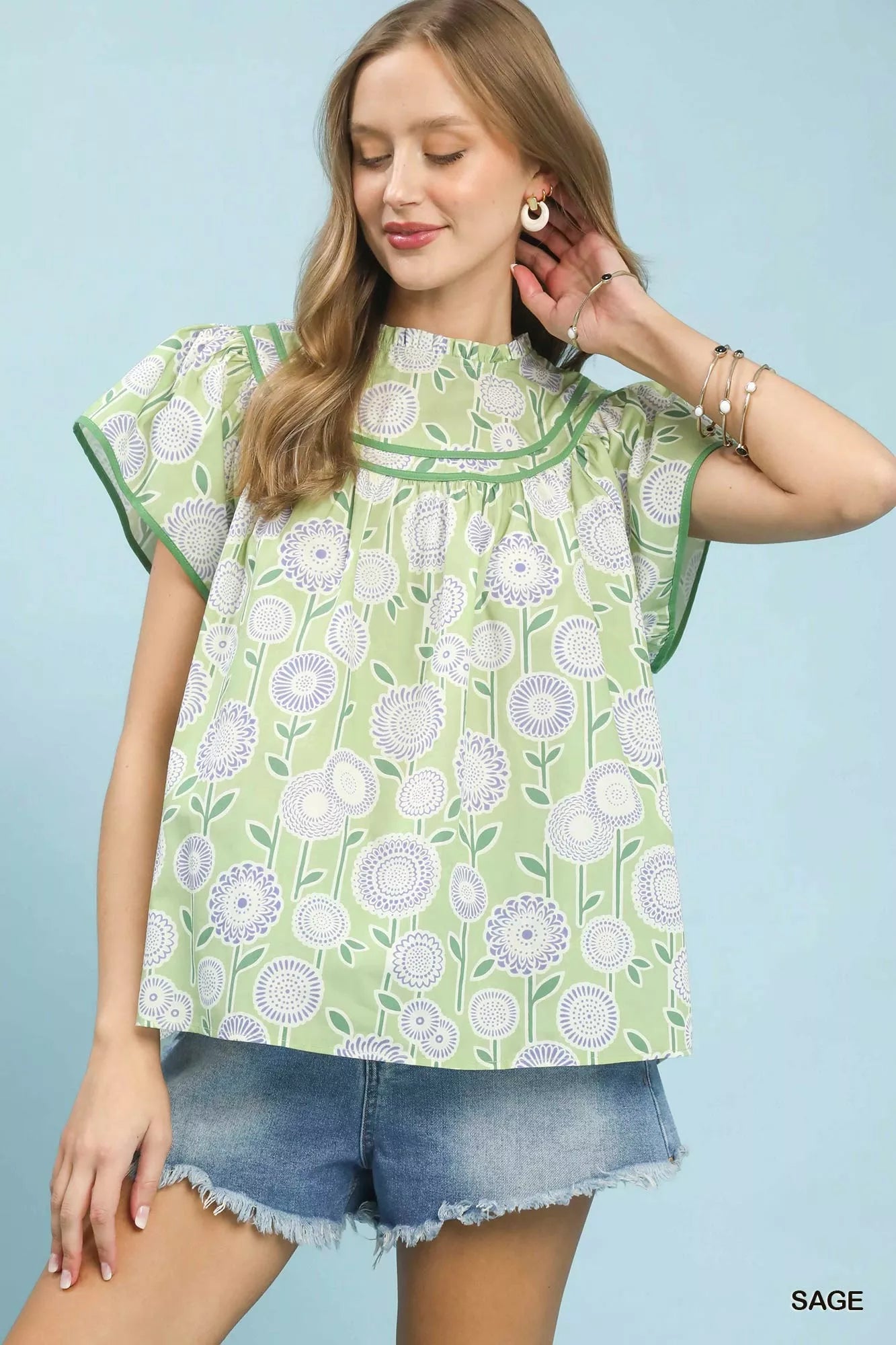 Umgee Retro Floral Smocked Babydoll Blouse