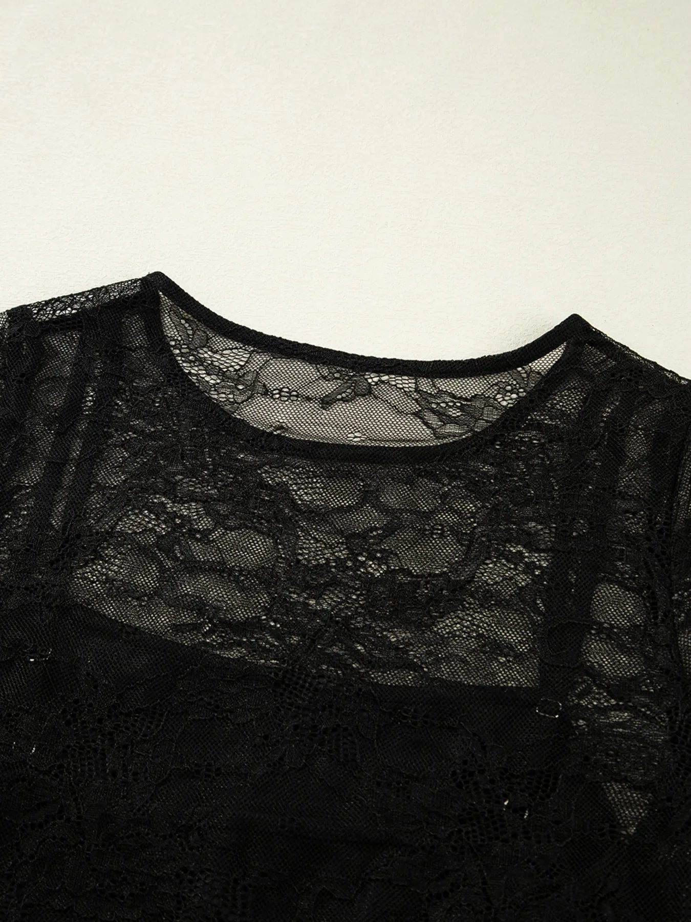 Lace Crochet Mesh Patched Slim Fit Long Sleeve Top
