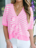Stripe Short Sleeve Knit V Neck Bow Knot Cardigan