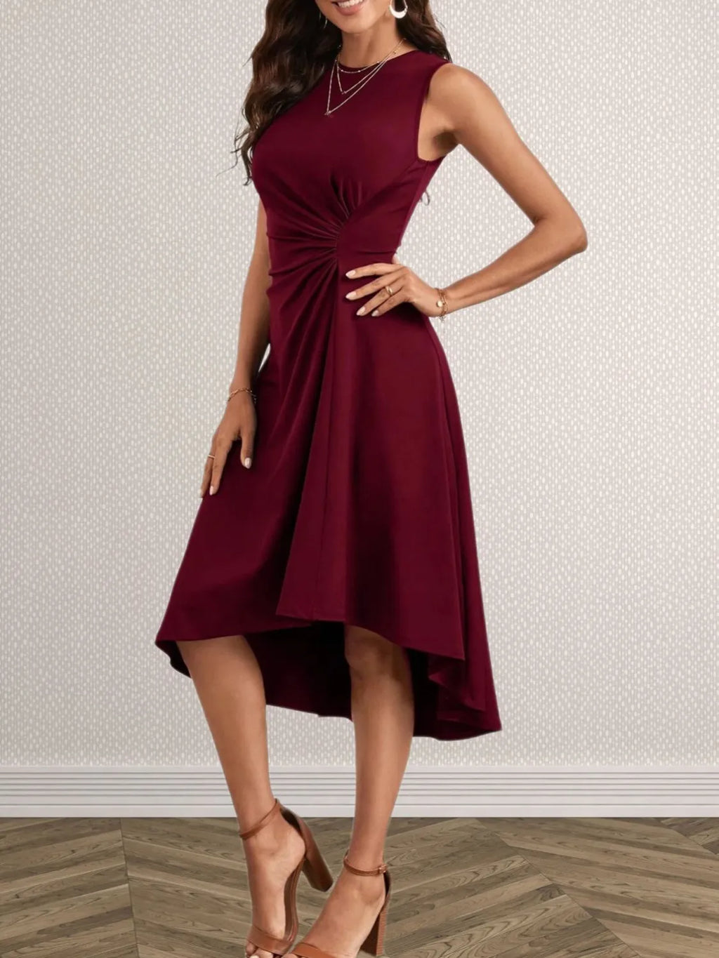 Ruched Round Neck Sleeveless Dress