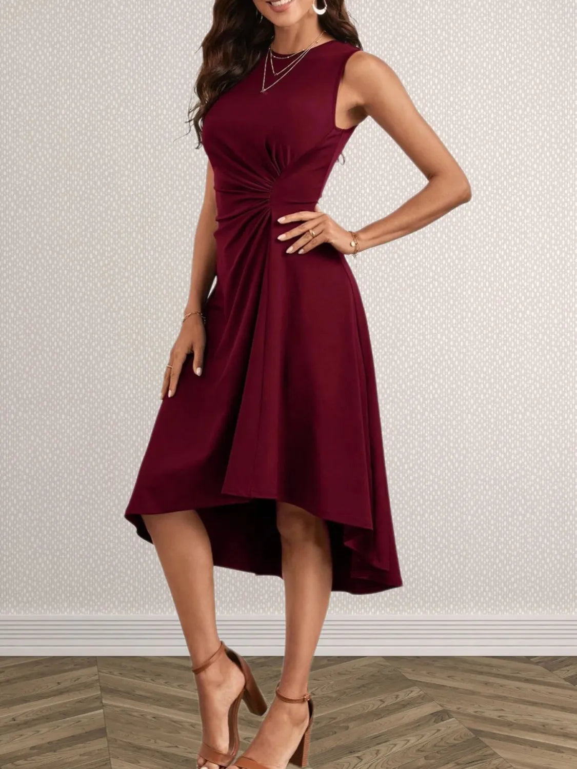 Ruched Round Neck Sleeveless Dress
