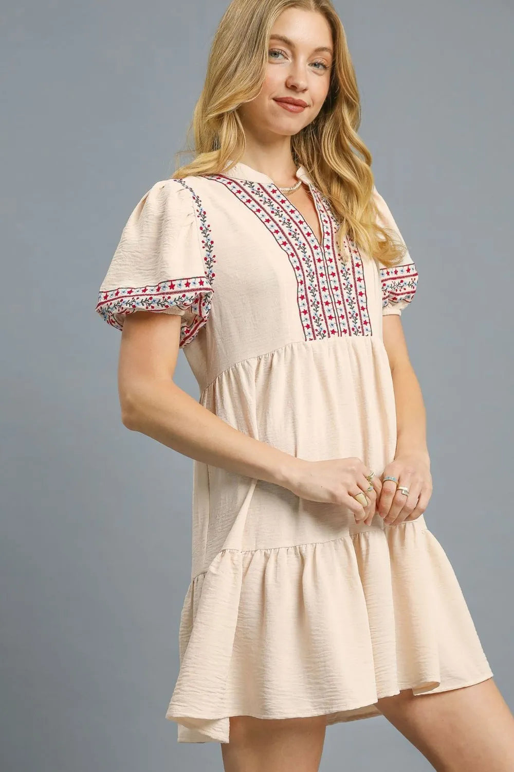 Umgee Floral Trim Puff Sleeve Mini Dress