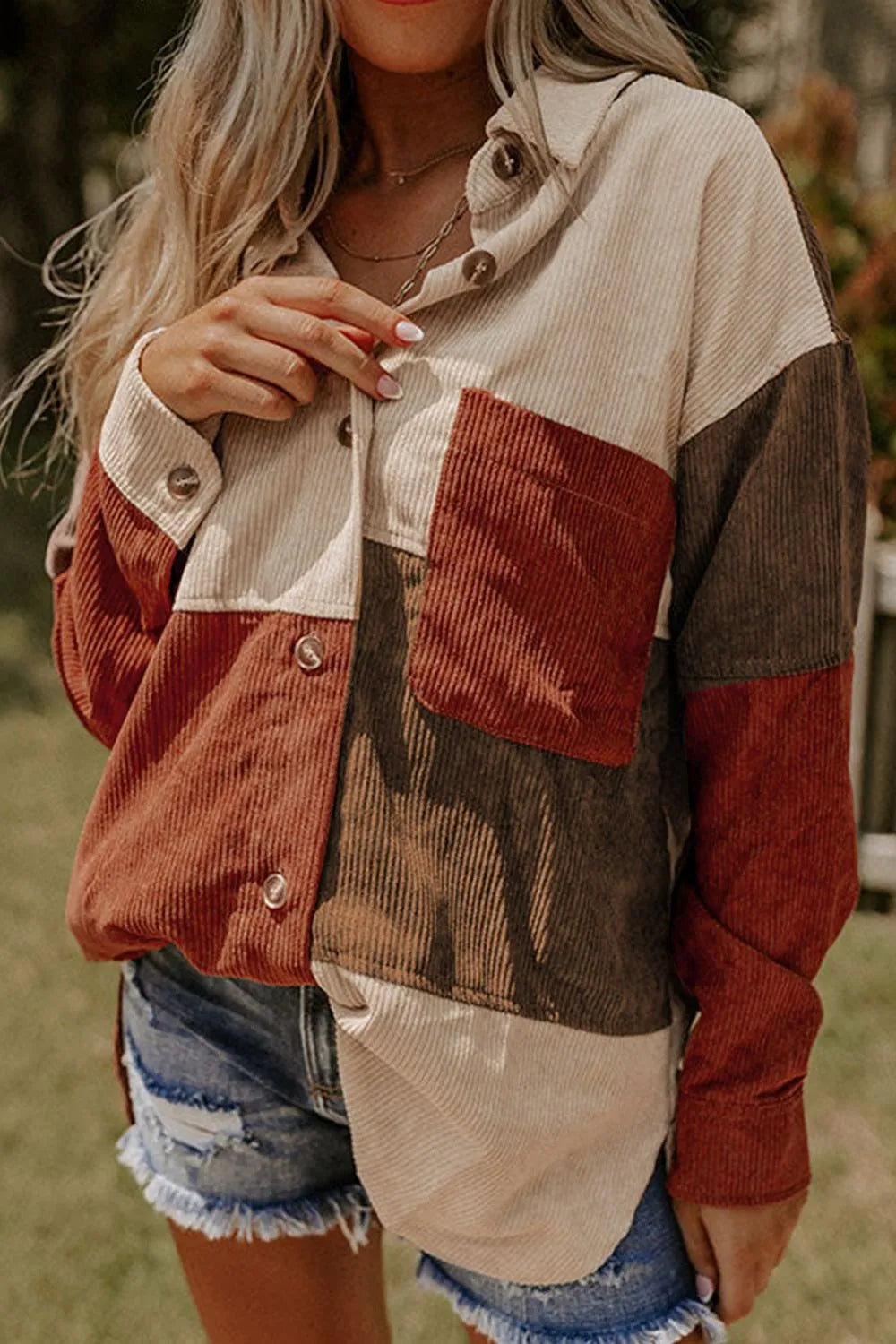 Color Block Curved Hem Corduroy Shacket with Pocket