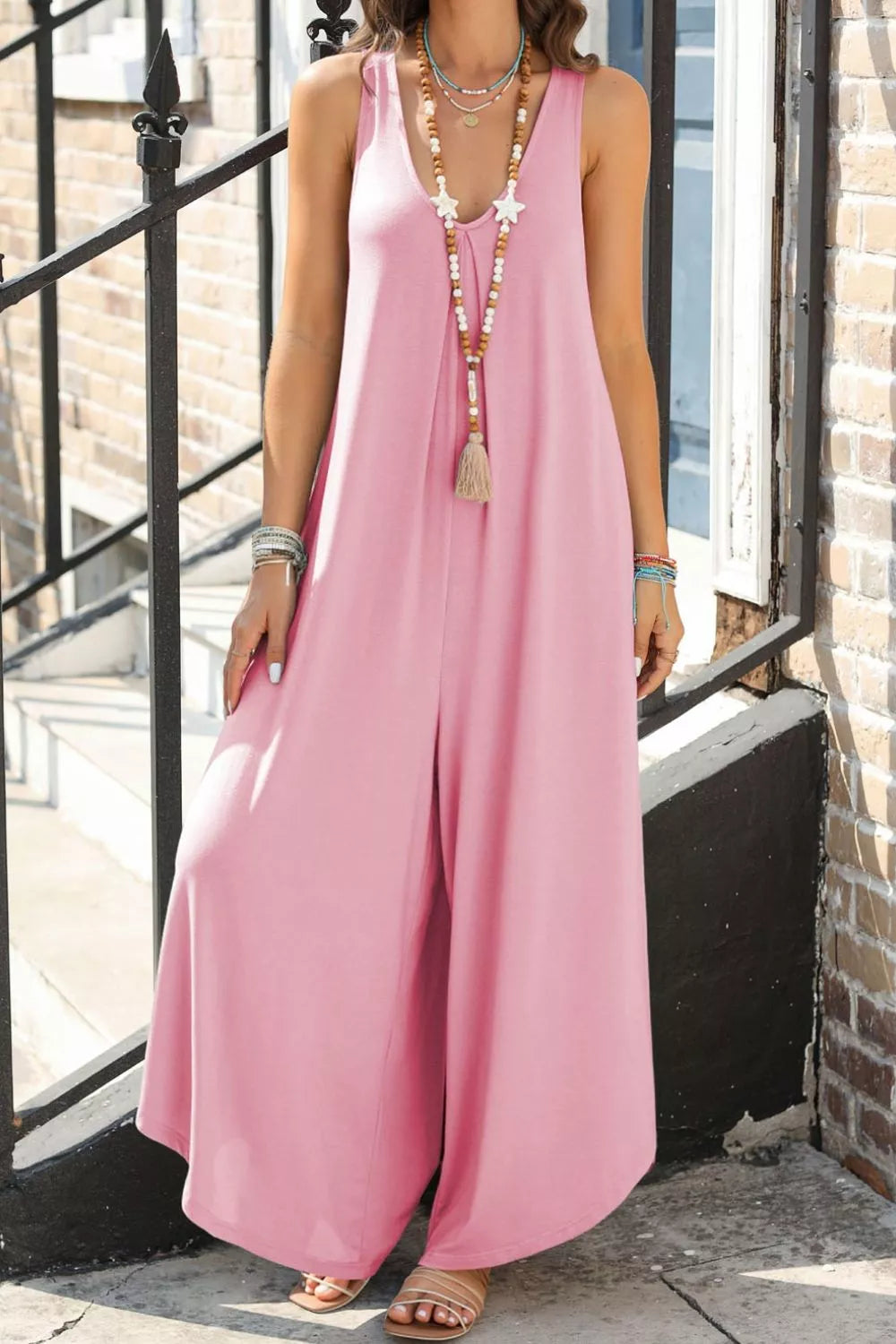 Sleeveless V Neck Pocketed Wide Leg Jumpsuit
