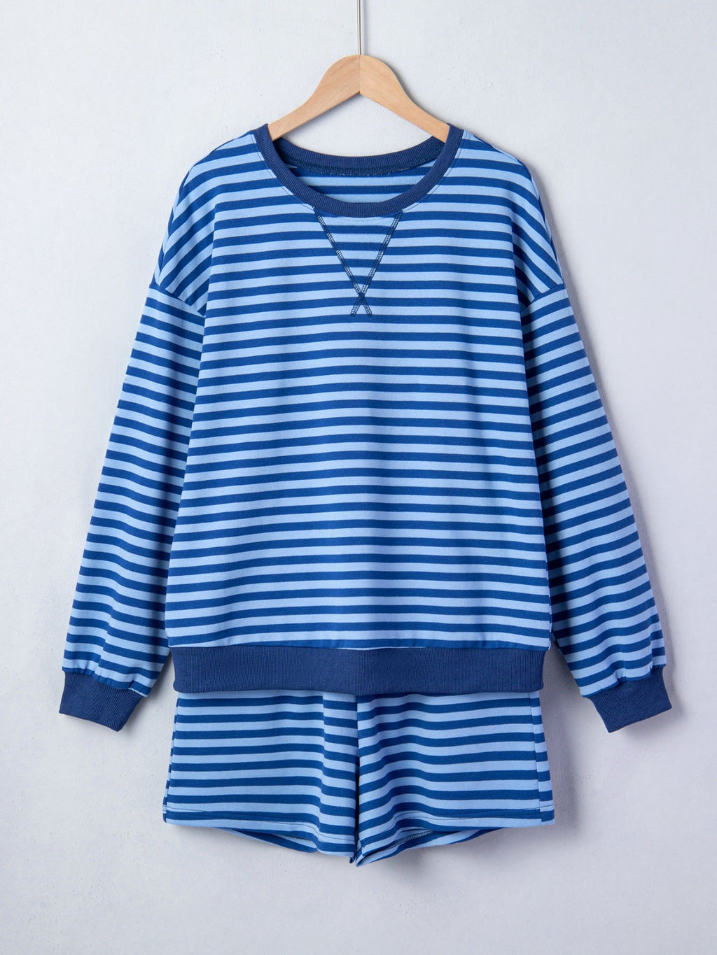 Stripe Drop Shoulder Long Sleeve Pullover Elastic Waist Casual Short Set