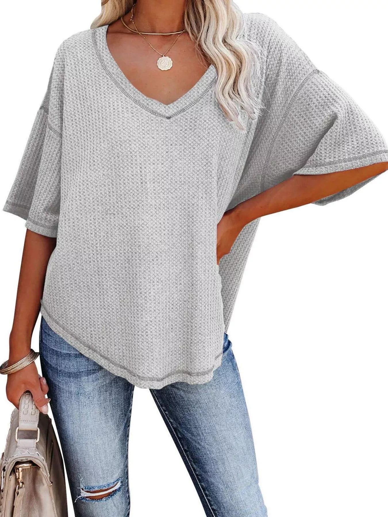 Waffle Knit V-Neck Short Sleeve T-Shirt