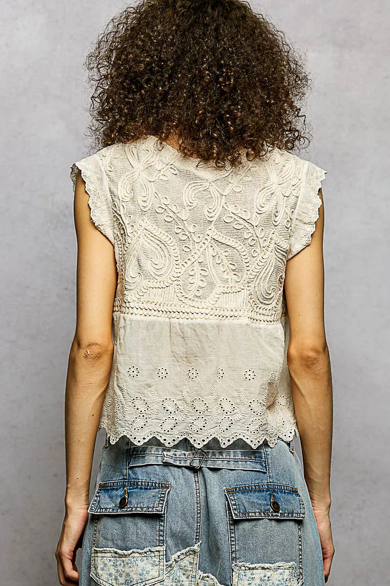 POL Round Neck Sleeveless Crochet Flowy Fit Top
