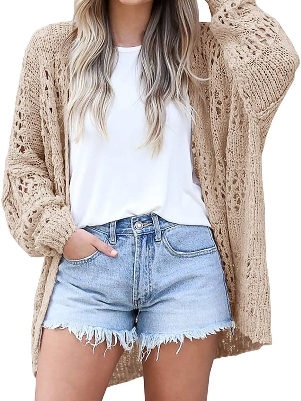 Full Size Openwork Open Front Lightweight Cardigan Plus Size