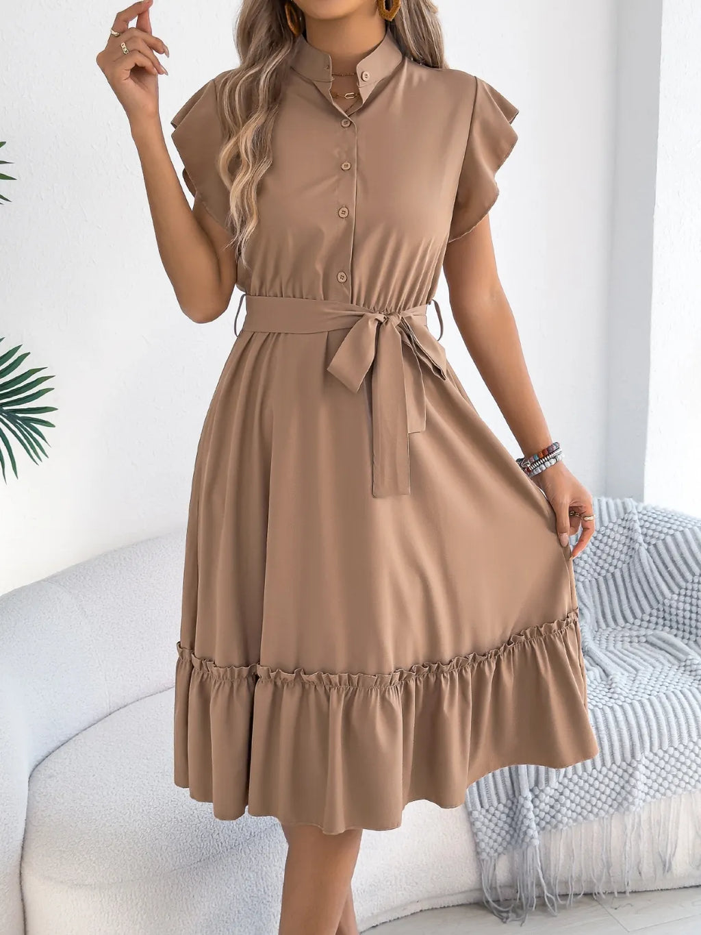 Tie Waist Ruffled Cap Sleeve Dress