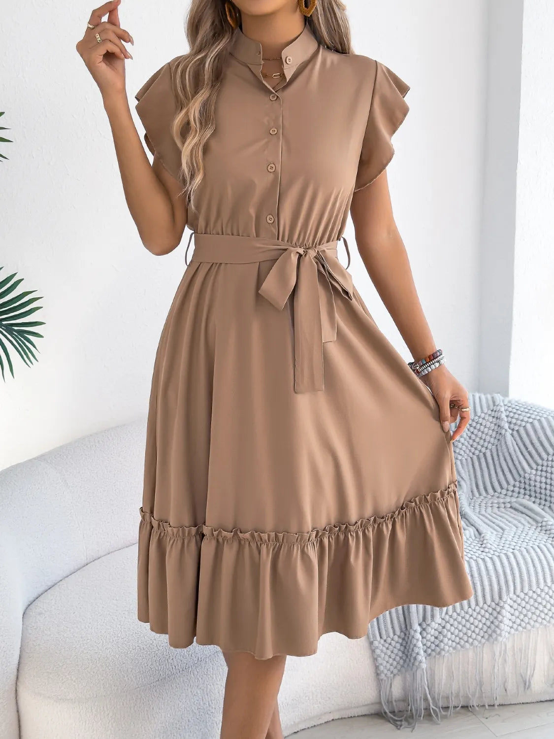 Tie Waist Ruffled Cap Sleeve Dress