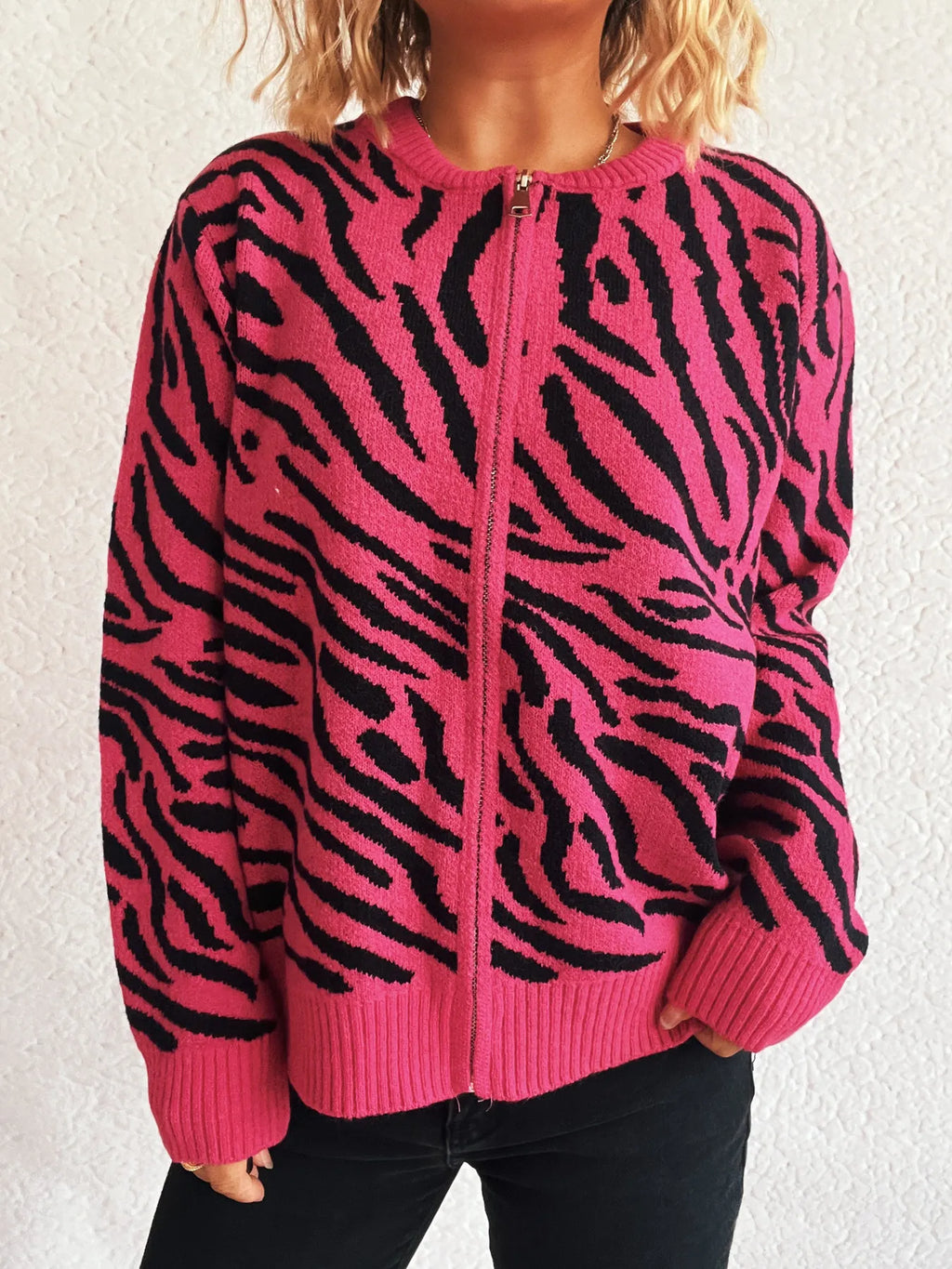 Zebra Print Zip Up Cardigan