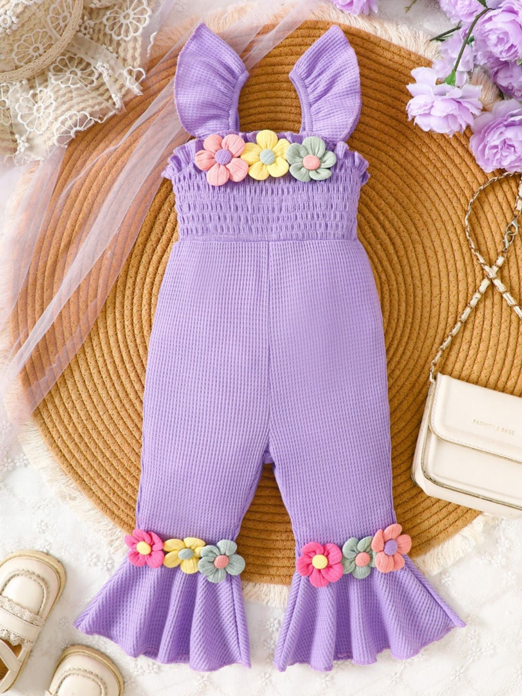 Children's Floral Decor Smocked Ruffle Hem Jumpsuit