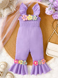 Children's Floral Decor Smocked Ruffle Hem Jumpsuit