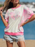 Color Block Floral Patchwork Big Flower Accent Relaxed Top