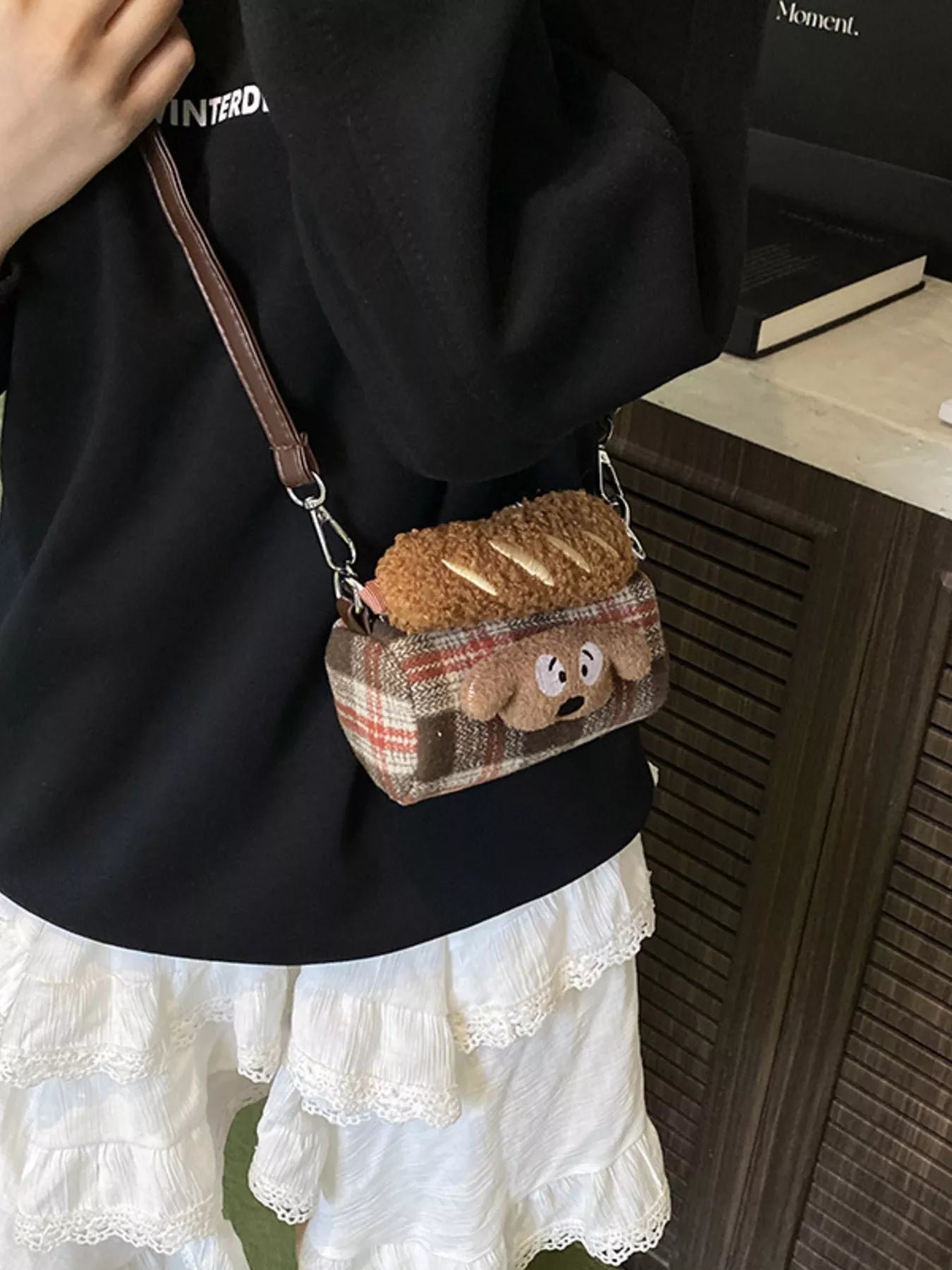 Plaid Pattern Plush Trim Crossbody Bag