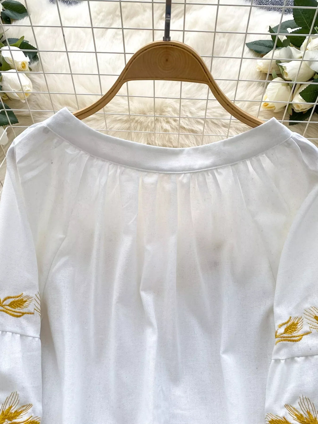 Embroidered Wheat Pattern Tie Neck Blouse