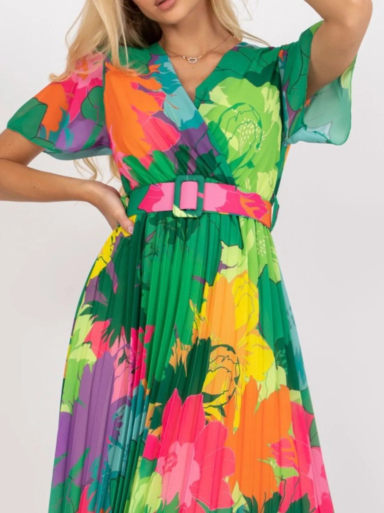 Printed Pleated Midi Wrap Dress with Belt
