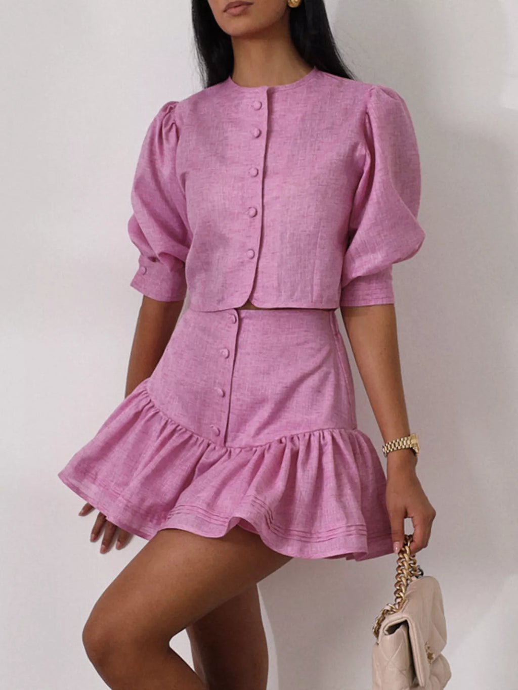 Puff Sleeve Cropped Top and Ruffled Skirt Set