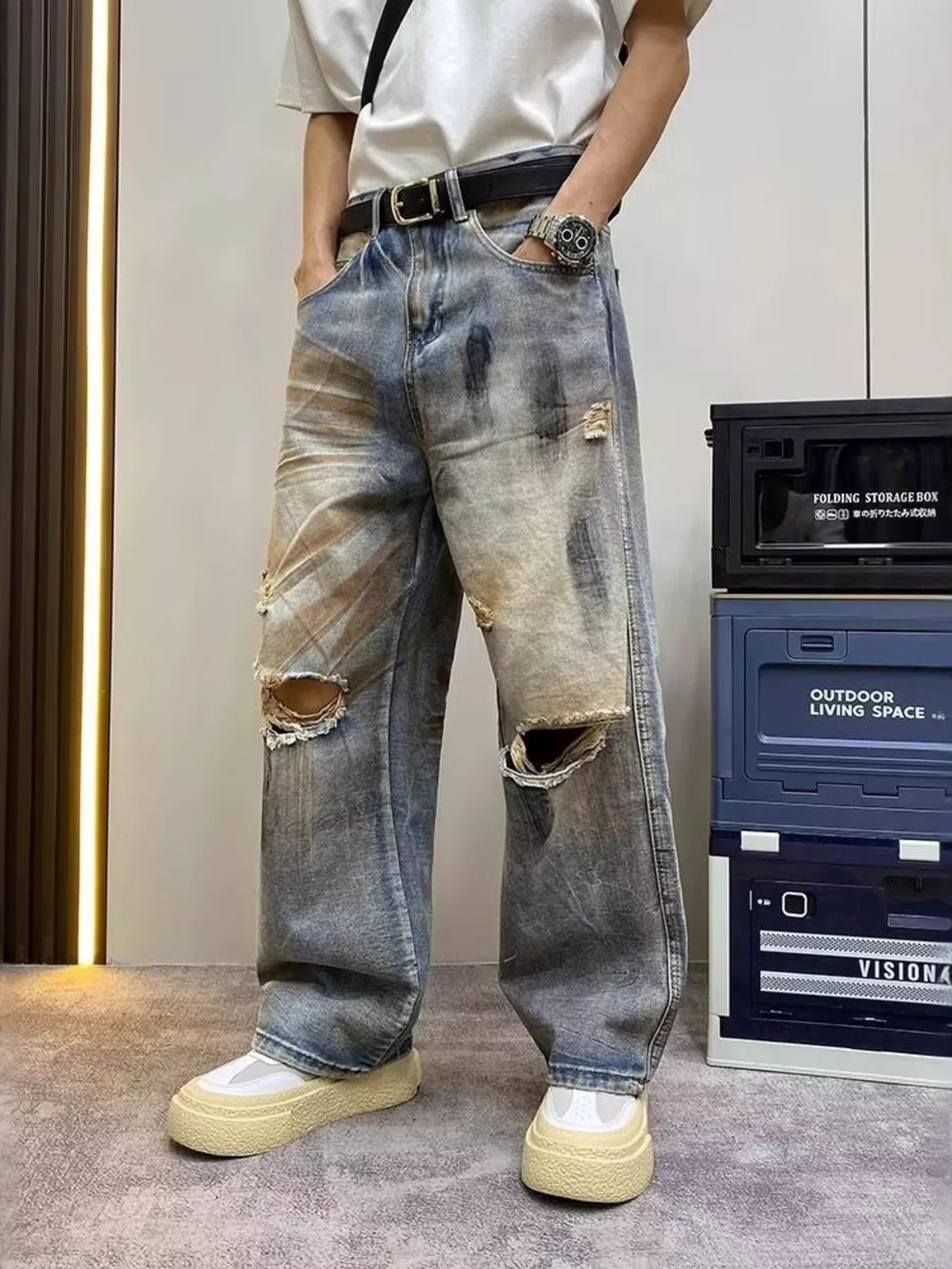 Men's Full Size Distressed Wide Leg Jeans Plus Size
