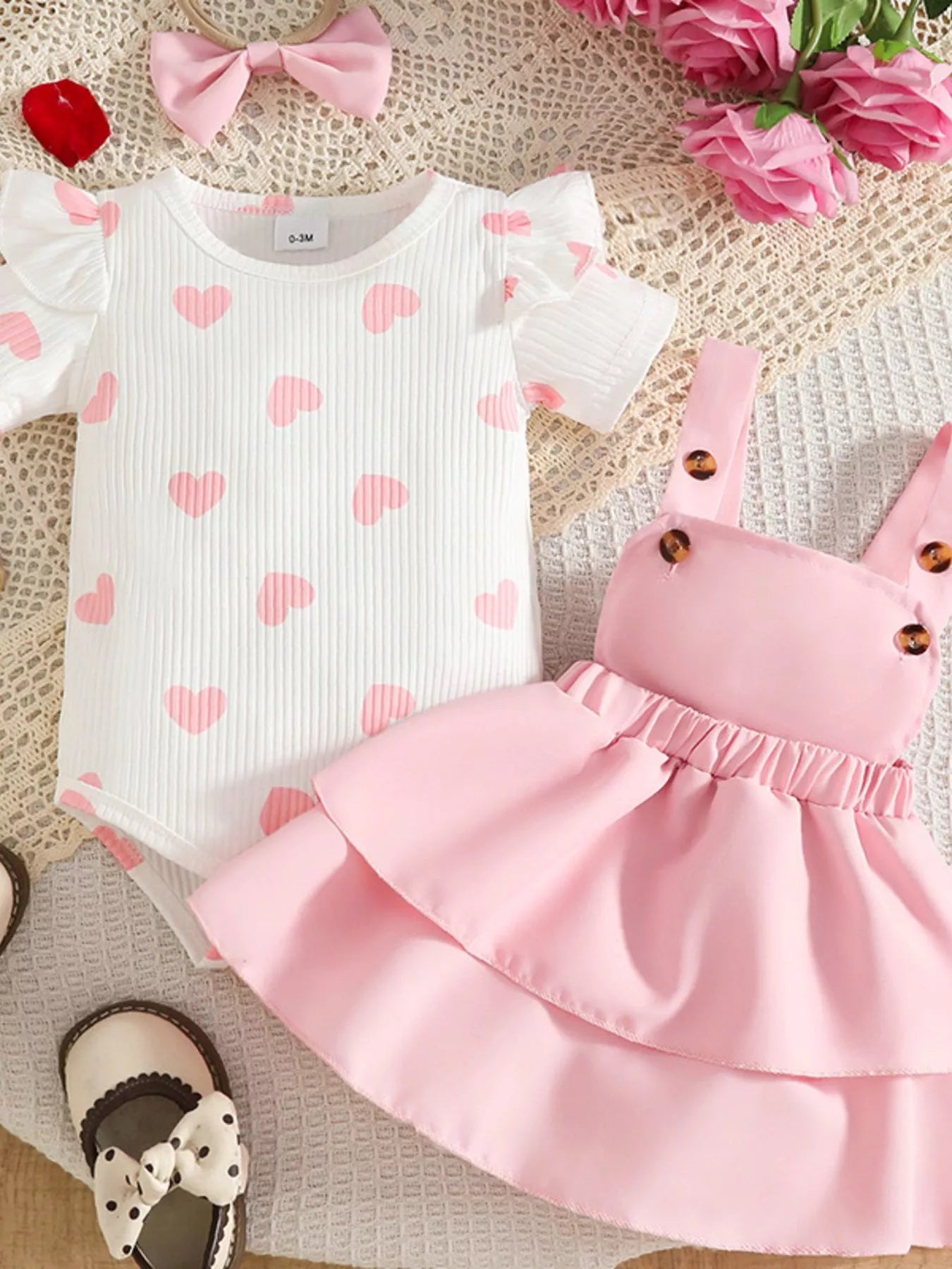 Children's Heart Print Ruffle Trim Bodysuit and Dress Set with Headband