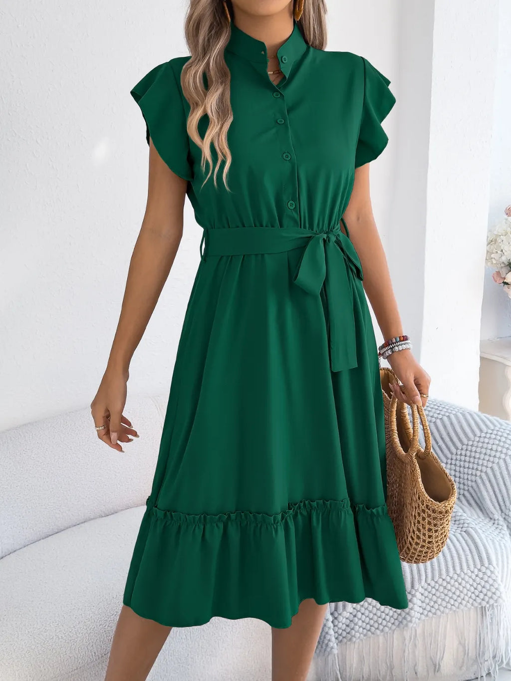 Tie Waist Ruffled Cap Sleeve Dress