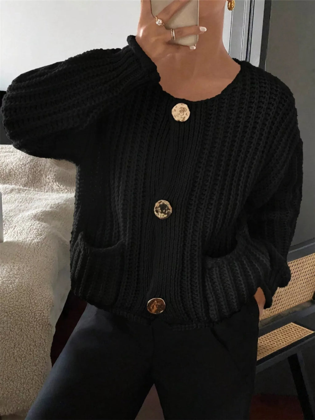 Button Up Dropped Shoulder Cardigan