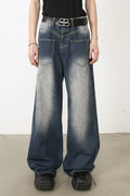 Men's Washed Wide Leg Jeans with Front Patch Pockets