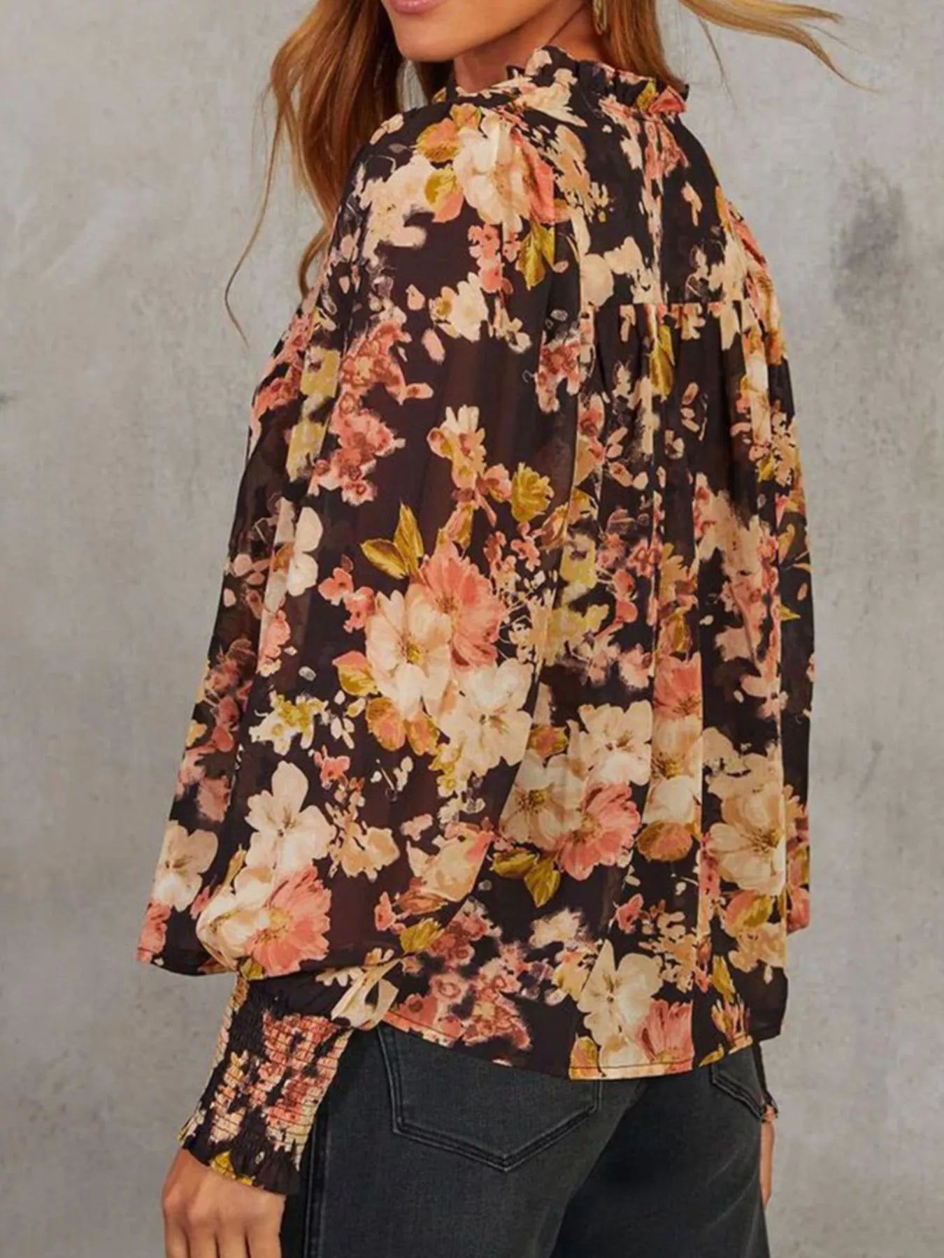 Floral V Neck Long Puff Sleeve Breezy Blouse