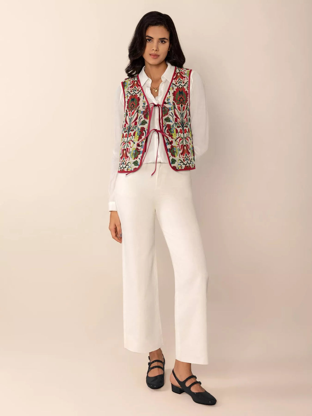 Floral Embroidered Tie-Front Vest Coat