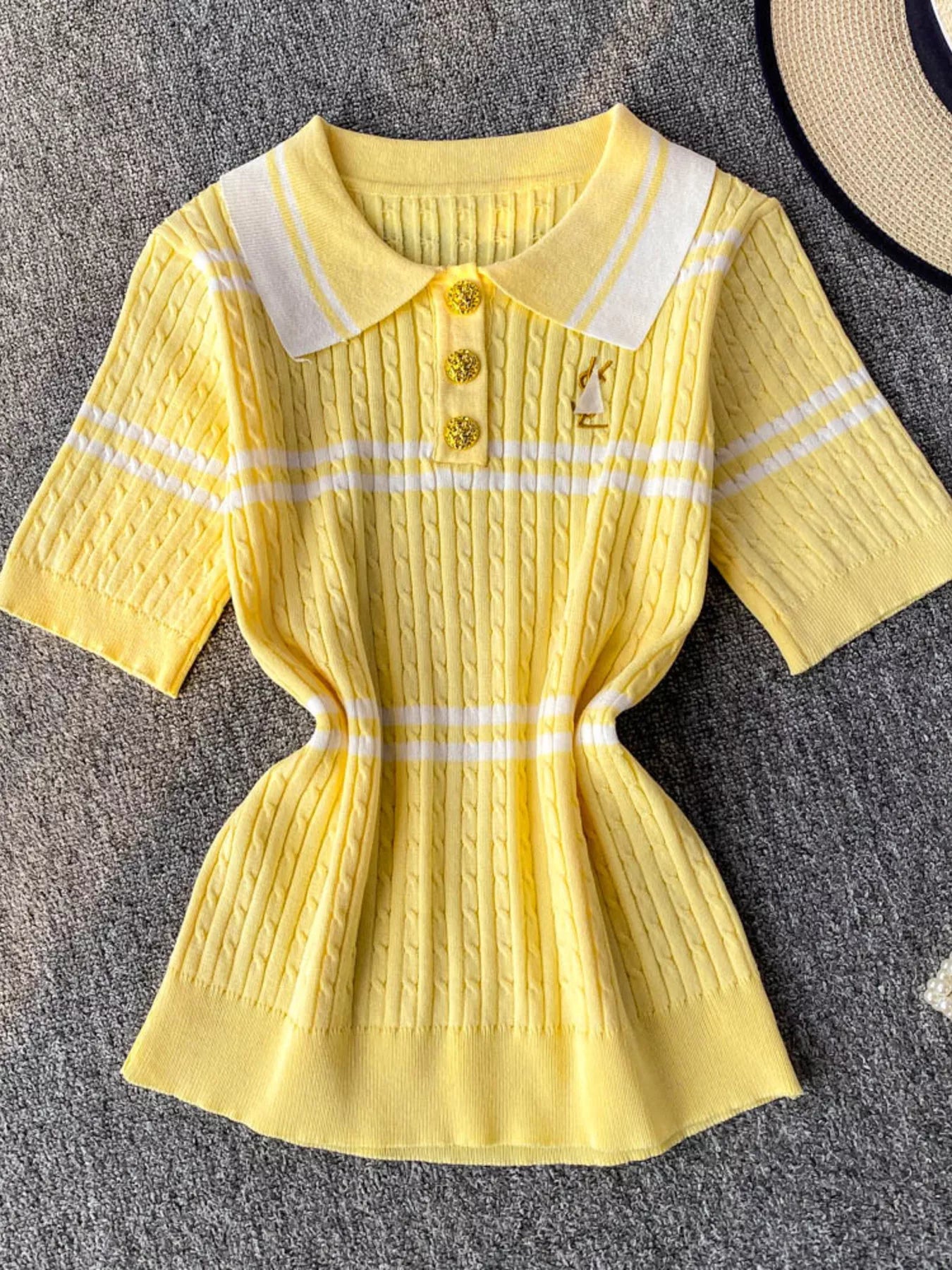 Striped Knit Polo Collar Top