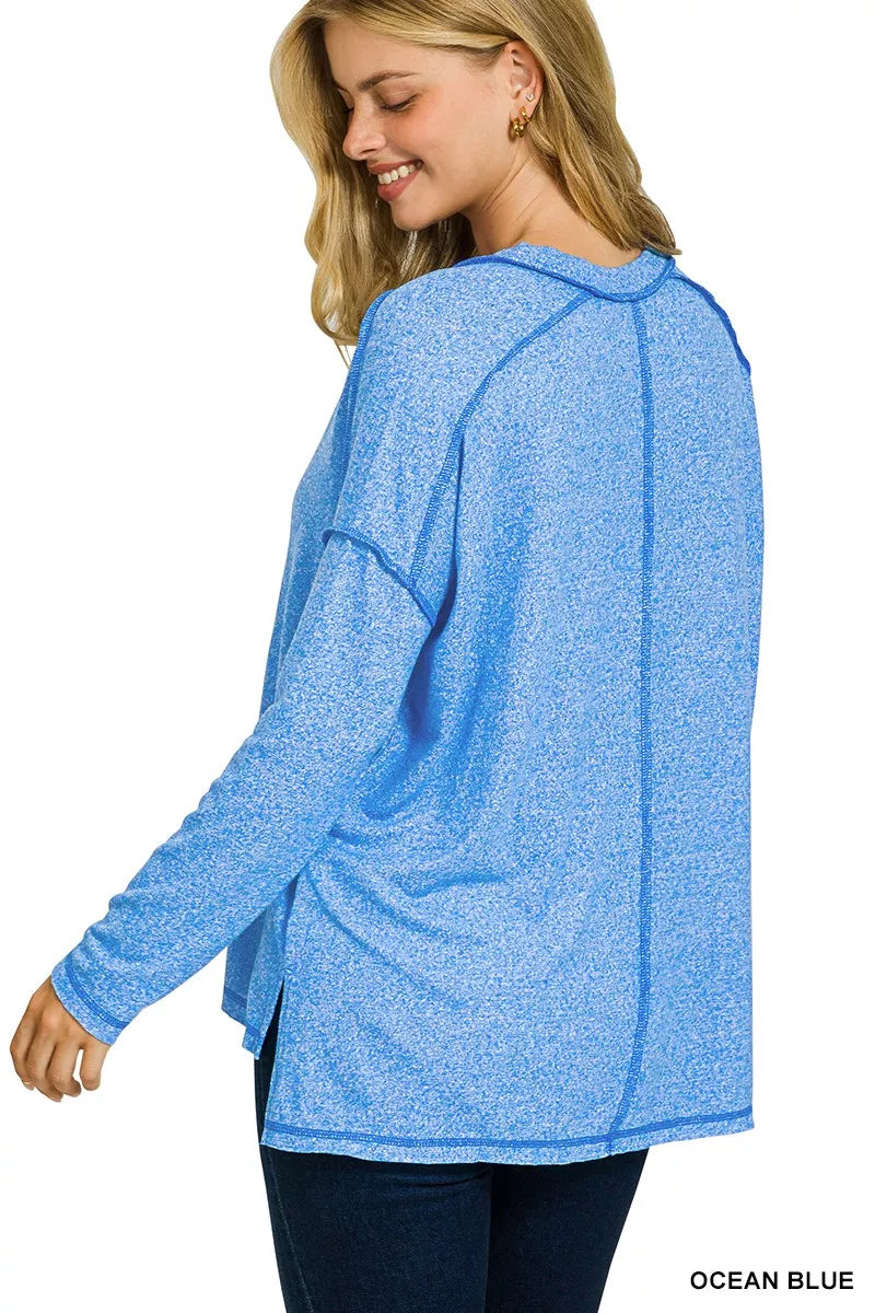 Zenana Soft Melange Hacci Exposed Seam Hi-low Tee