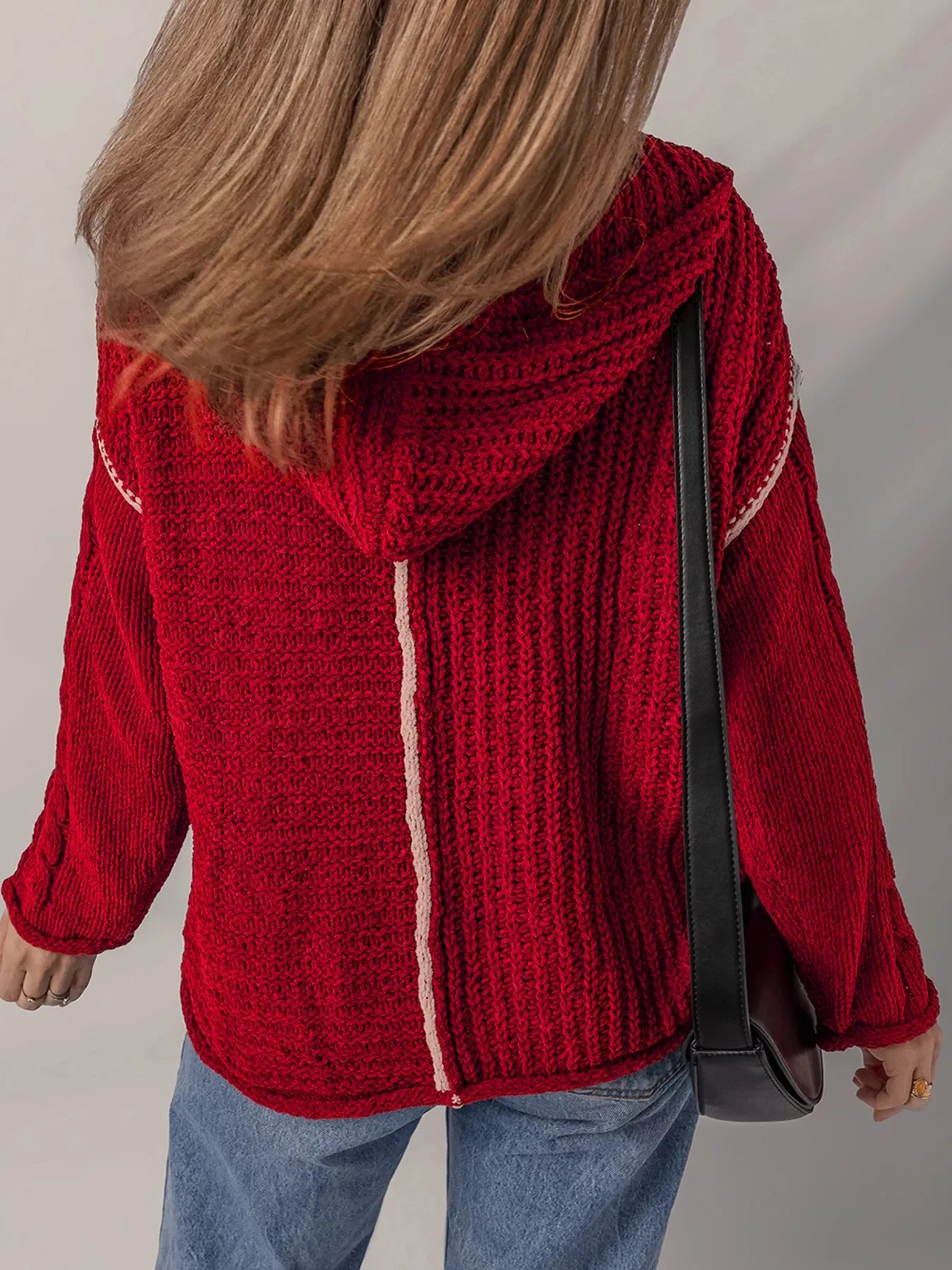 Contrast Trim Textured Knit Drawstring Hooded Sweater