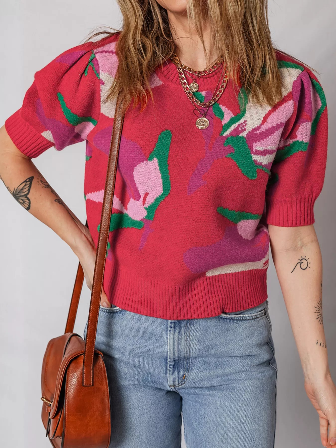 Floral Abstract Print Short Puff Sleeve Sweater
